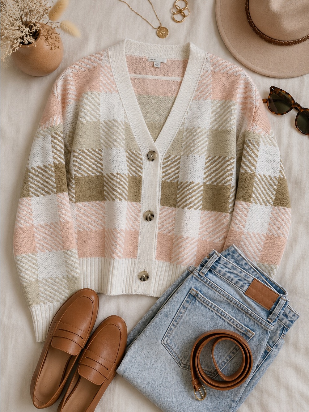 EST. 1948 Buffalo Plaid Button Front Cardigan Sweater Pink & Taupe Women's M - Picture 9 of 9